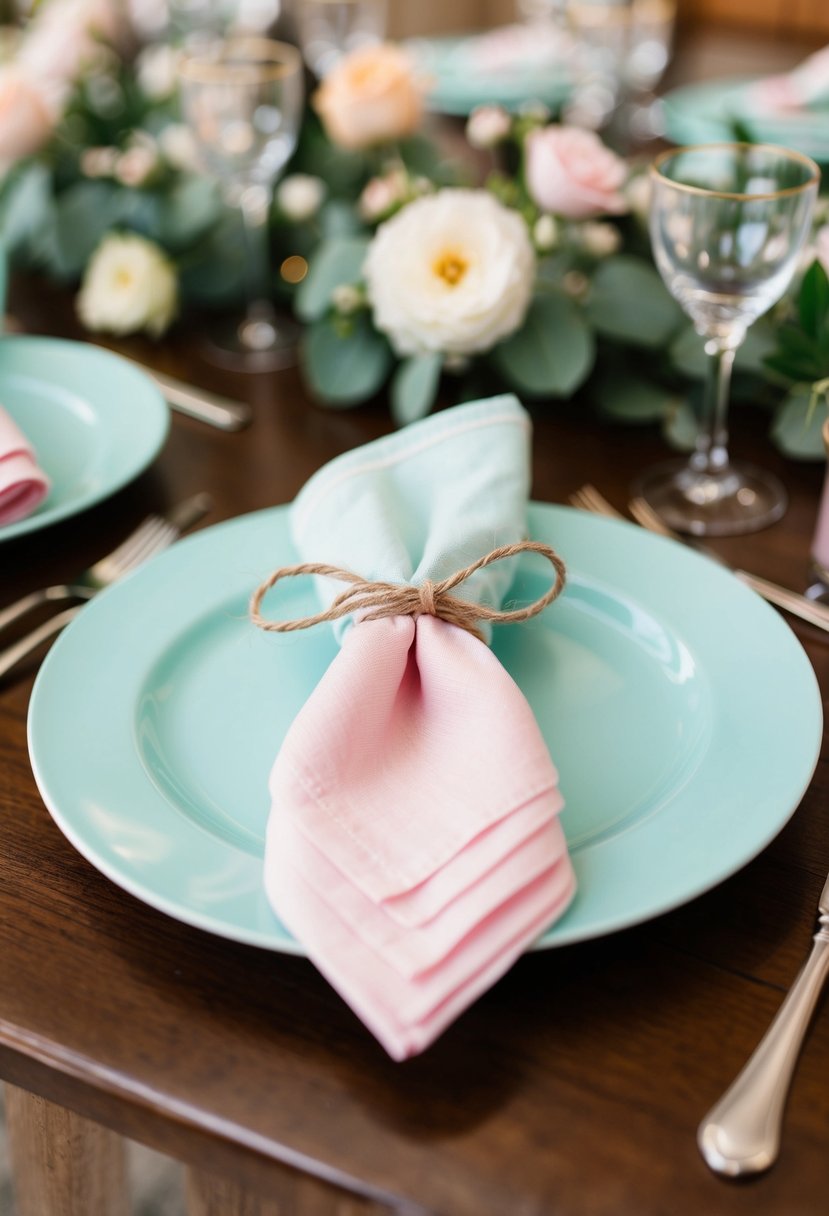 Pastel napkins tied with twine on a wedding table