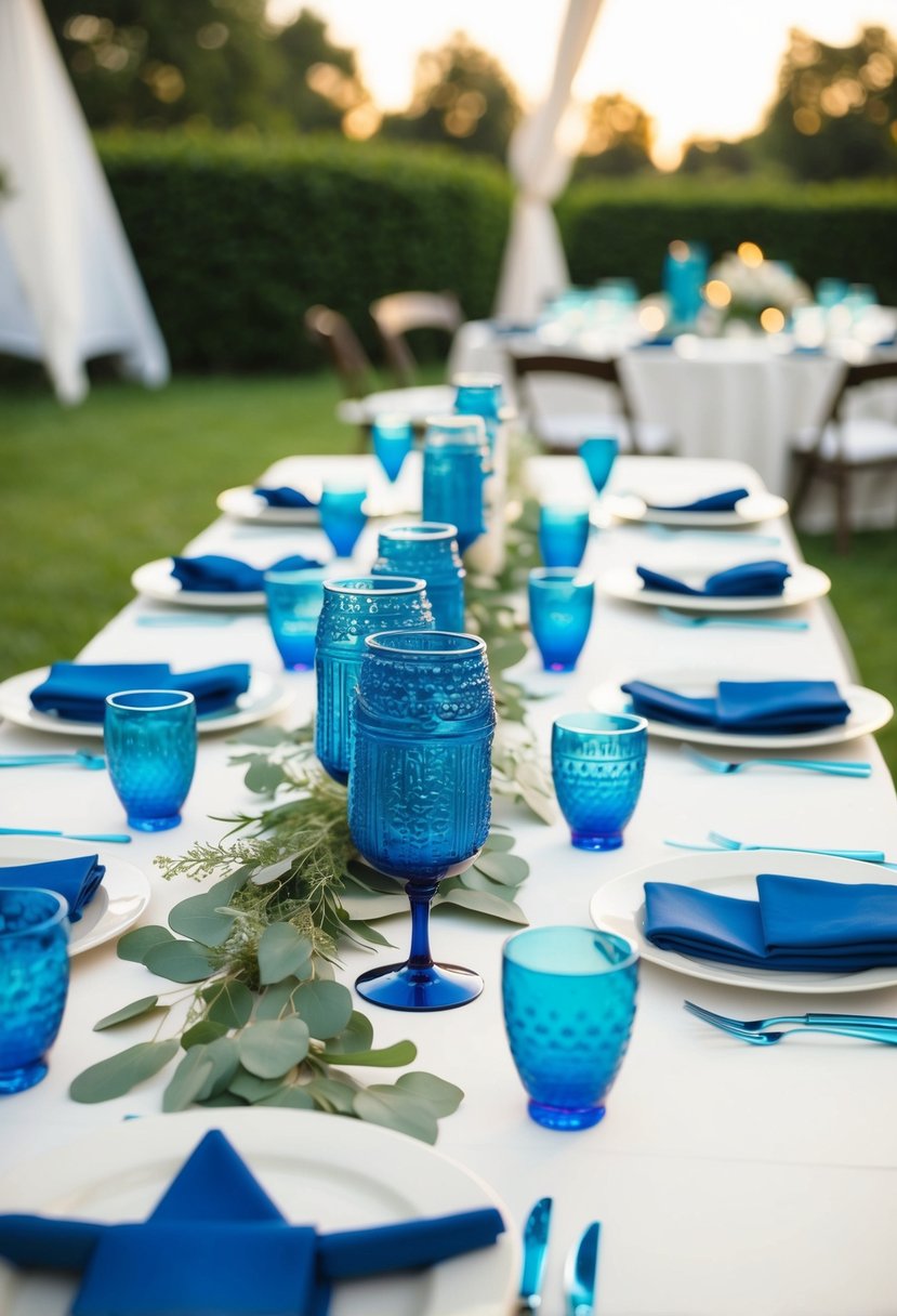 A table set with blue utensils, unique centerpieces, and decorative accents for a wedding reception