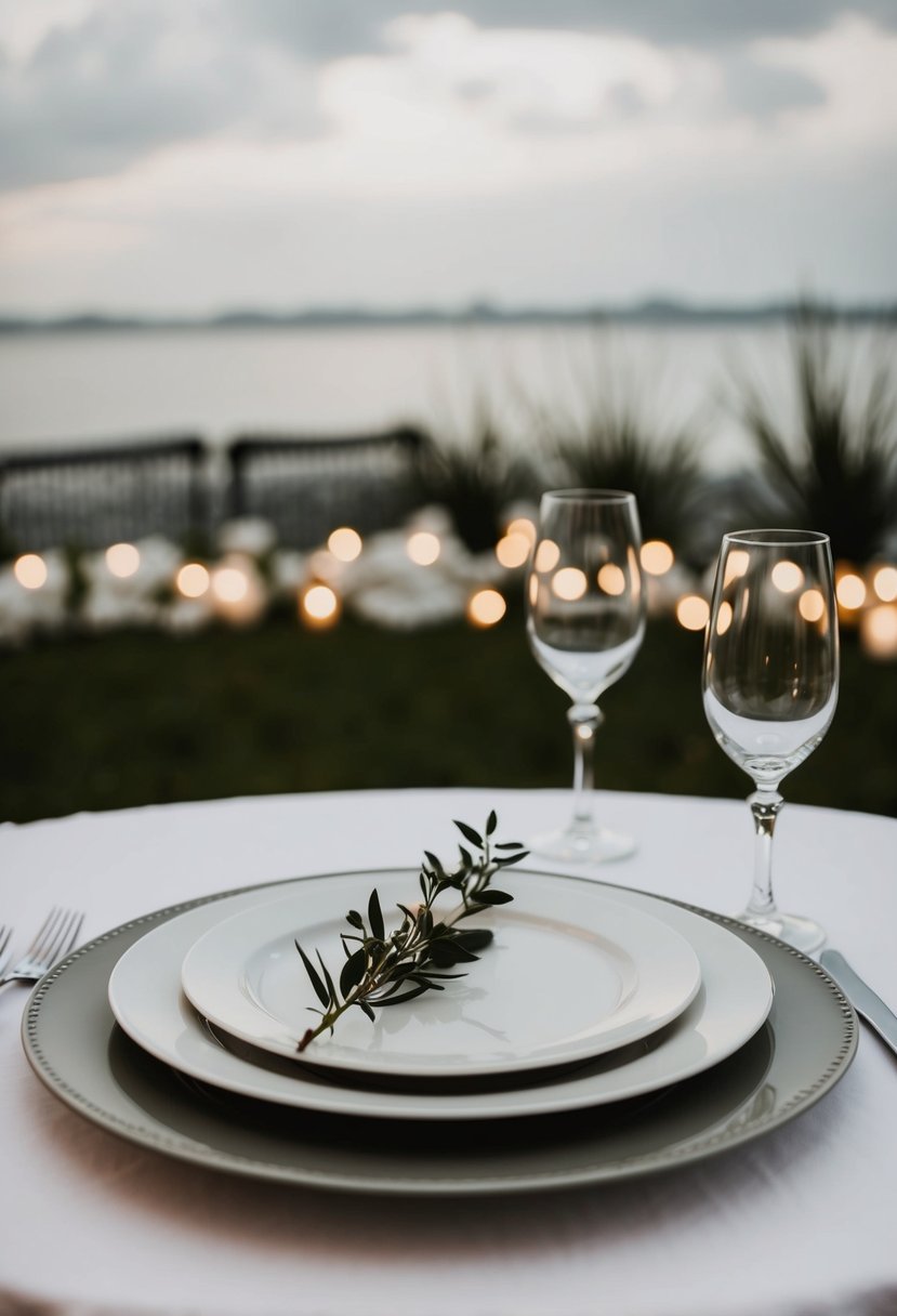 A simple, elegant table setting with monochrome dishware for a wedding