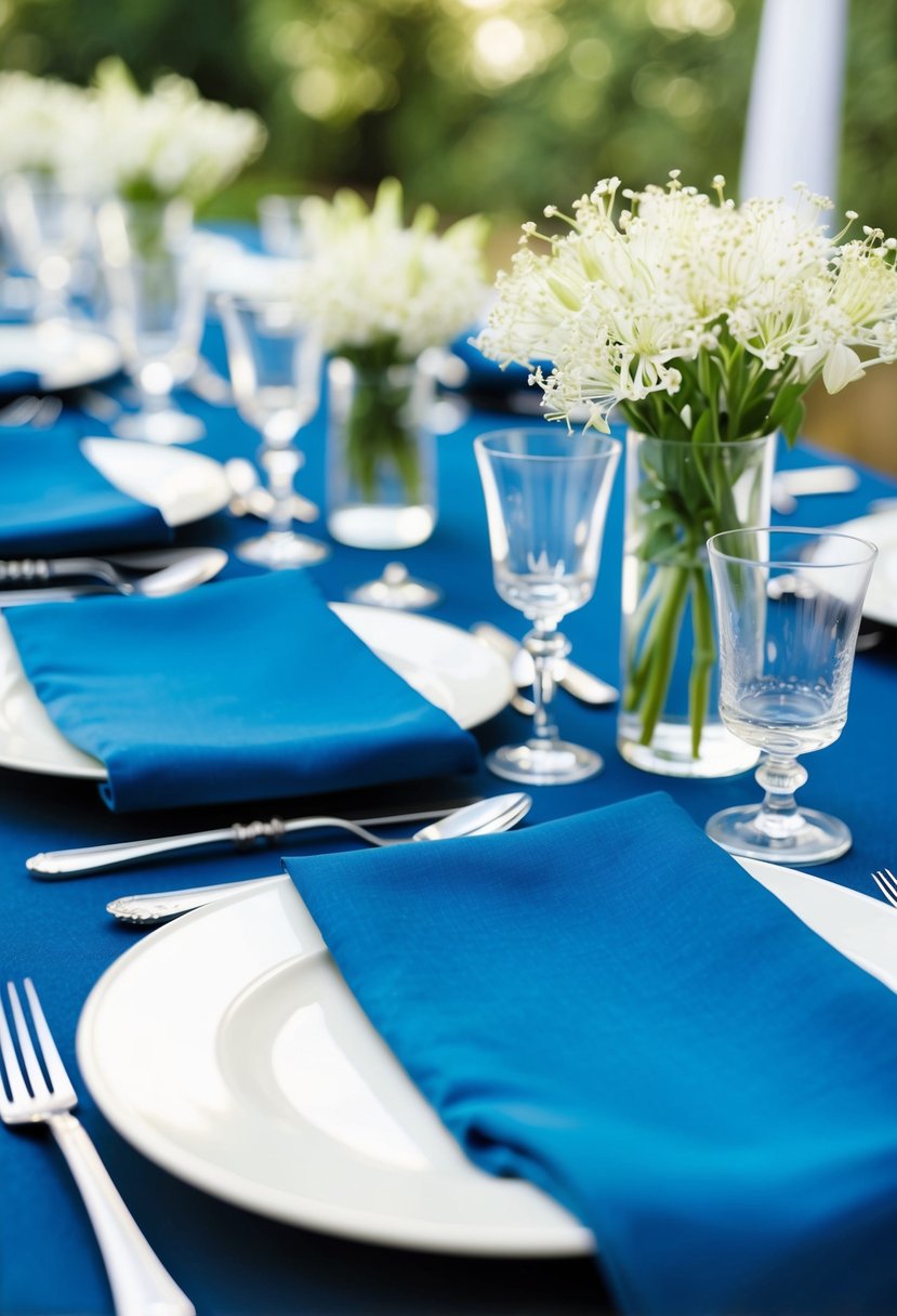 A table set with sapphire blue napkins, silverware, and delicate white flowers in glass vases