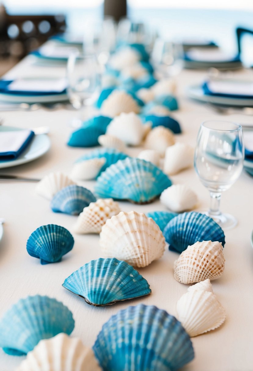 A table adorned with coastal blue seashells and delicate white accents, creating a serene and elegant wedding decoration