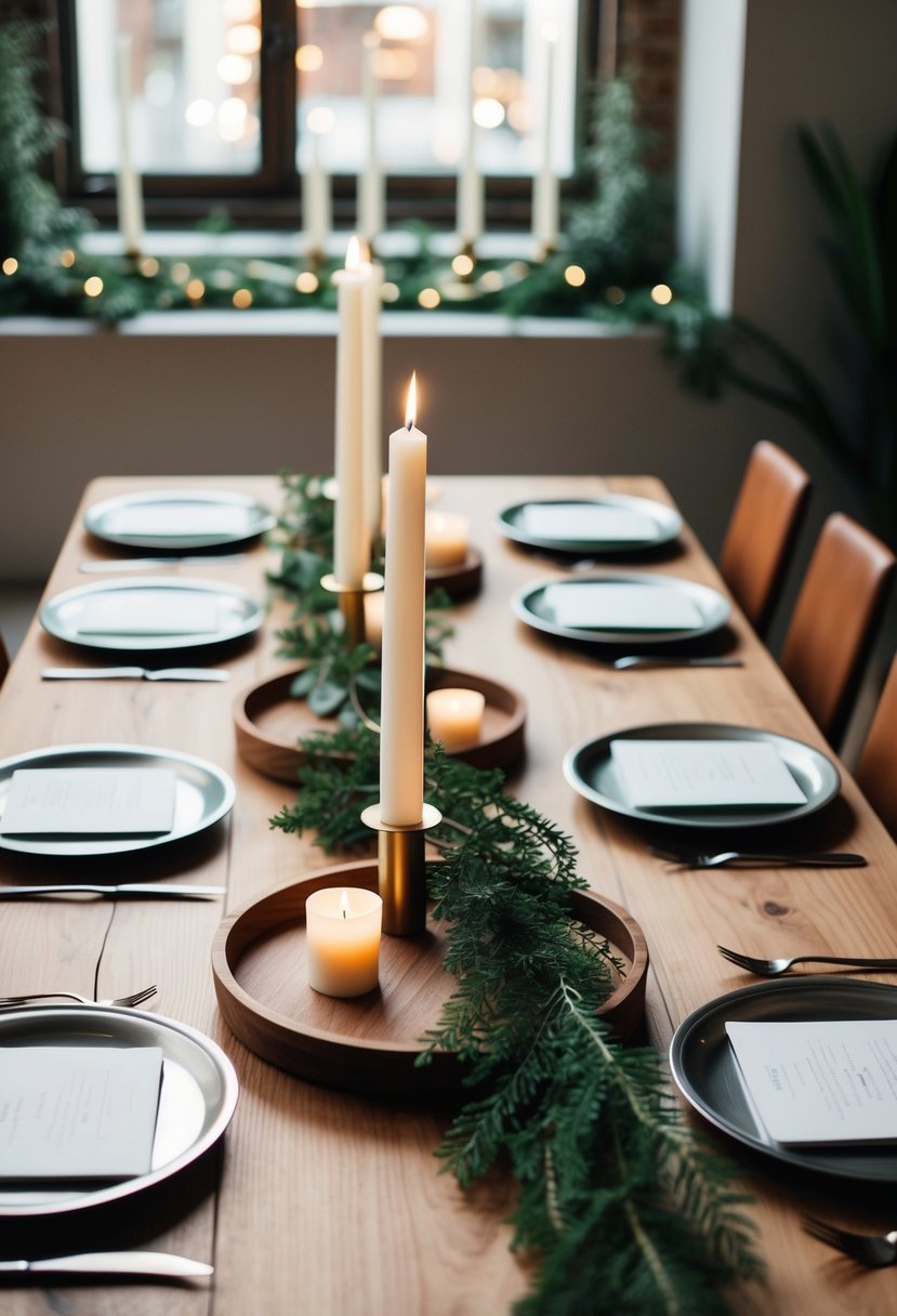 A wooden table adorned with minimalist metal and wood trays, accented with greenery and candles