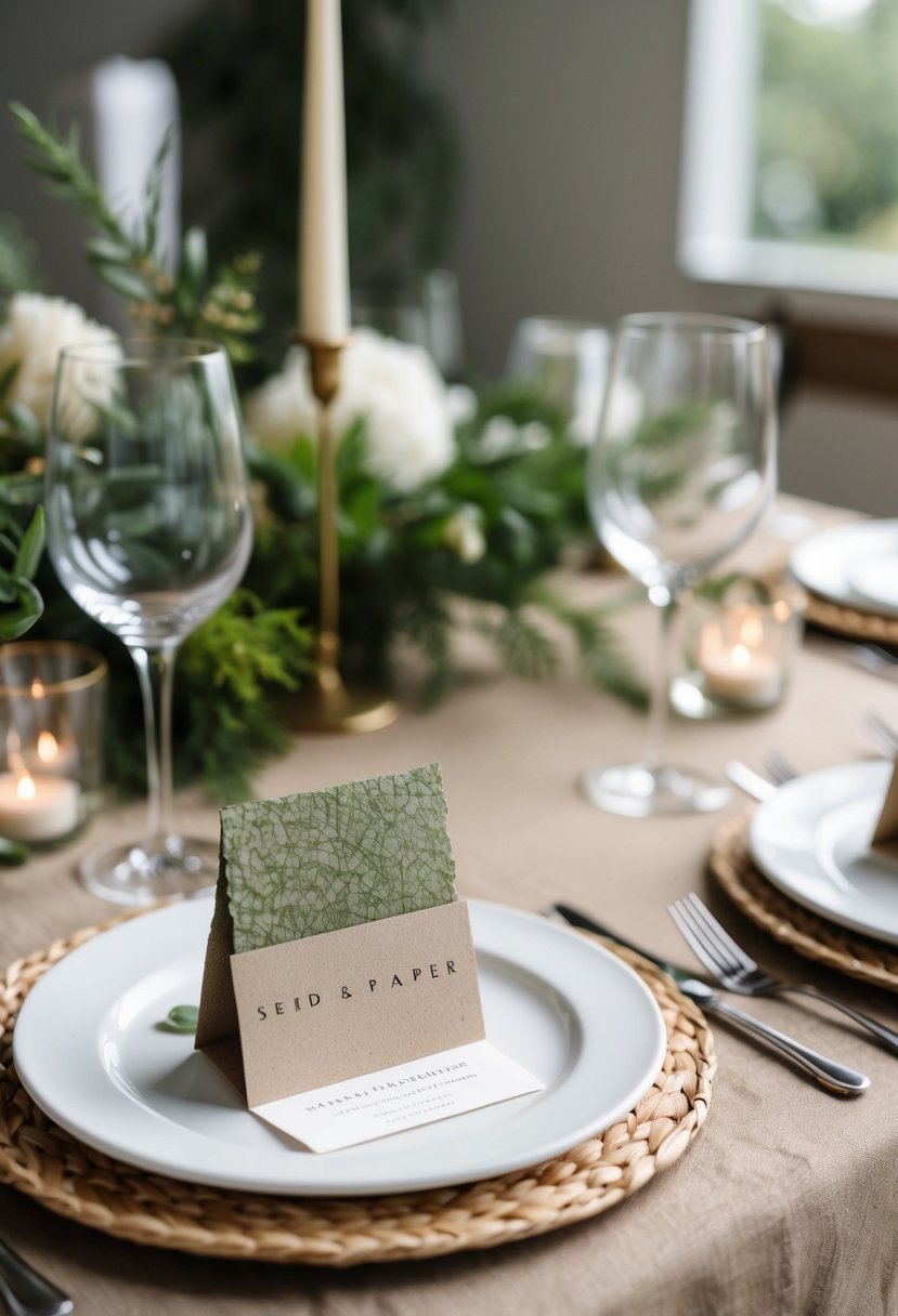 A table set with eco-friendly seed paper place cards amidst simple greenery and natural elements