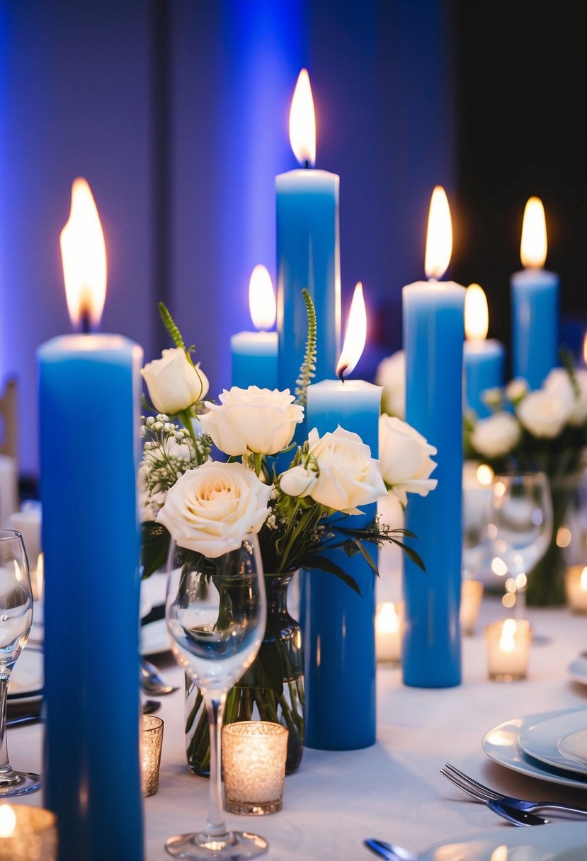 Sky blue candles illuminate a wedding table, casting a soft blue glow on the surrounding decor