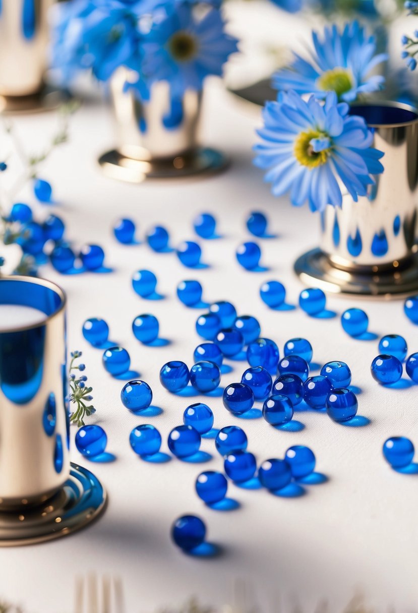 Blue glass beads scattered on a white tablecloth, surrounded by silver candle holders and delicate blue flowers