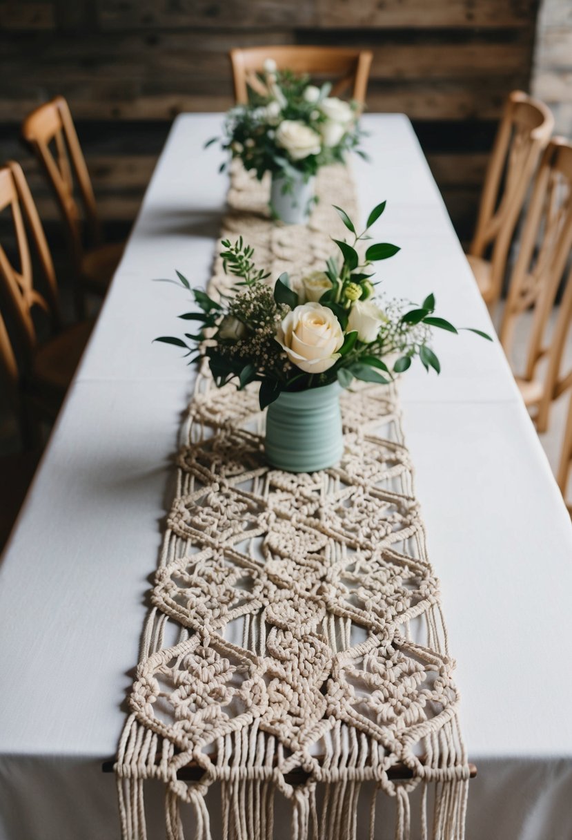 A handcrafted macramé table runner adorns a simple wedding table, adding a touch of elegance to the rustic decor