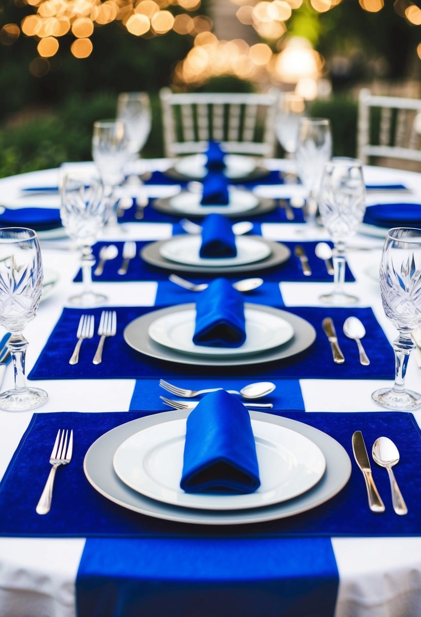 Royal blue placemats arranged on a white table, surrounded by silver cutlery and crystal glassware