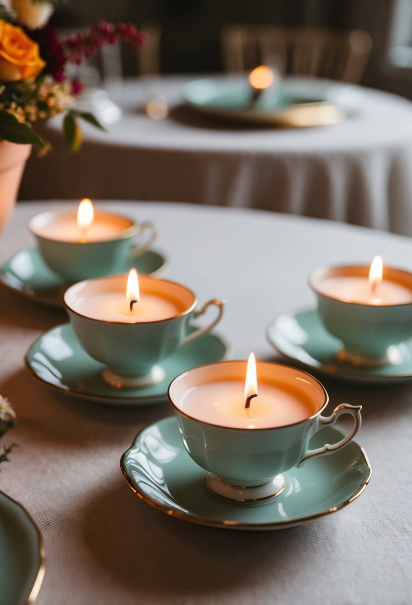 Votive candles in vintage tea cups on a simple wedding table