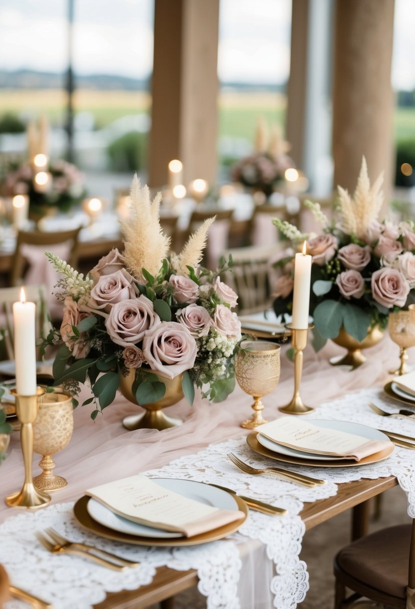 A table adorned with dusty rose floral centerpieces, delicate lace table runners, and golden candle holders