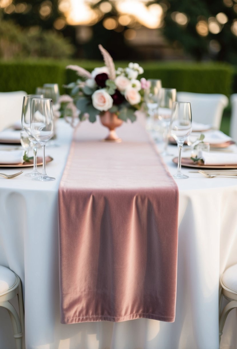 A dusty rose velvet table runner drapes elegantly across a wedding table, adding a touch of sophistication to the decor