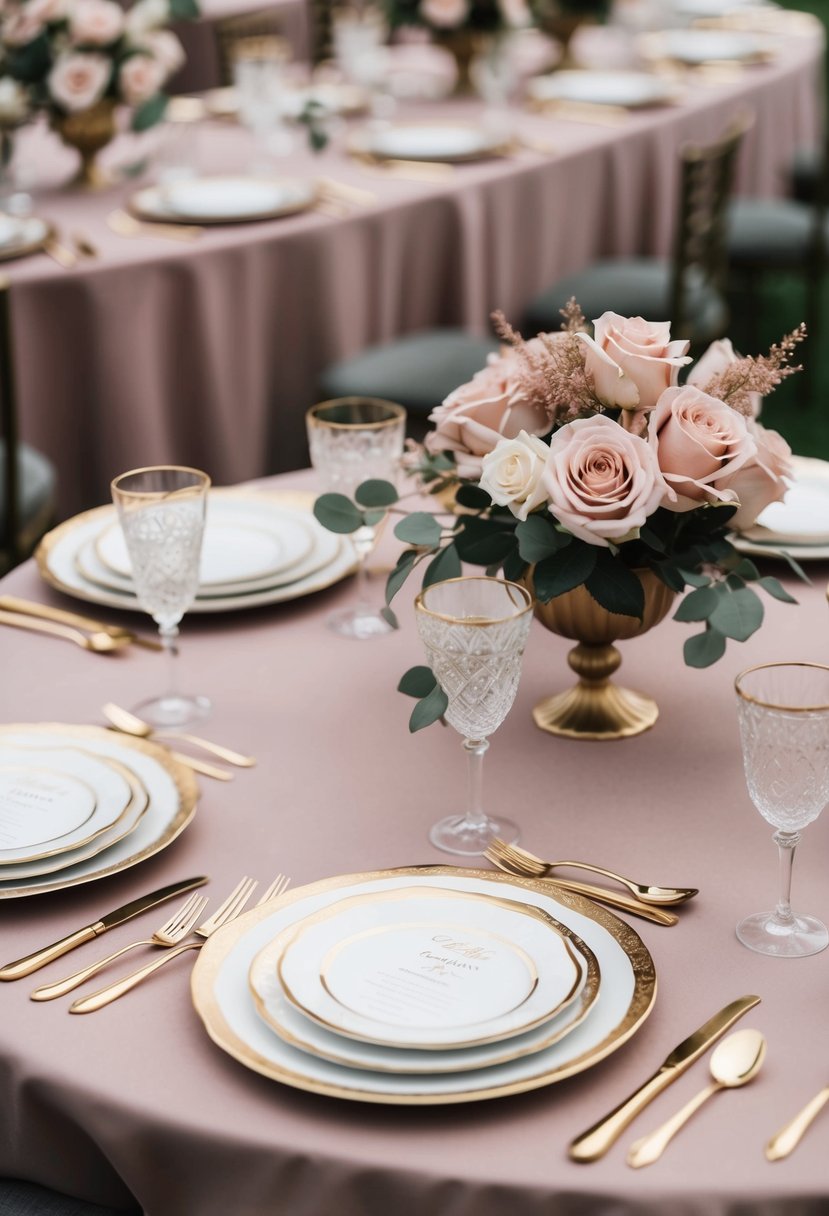 A dusty rose tablecloth adorned with gold-trimmed plates, rose centerpieces, and gold cutlery