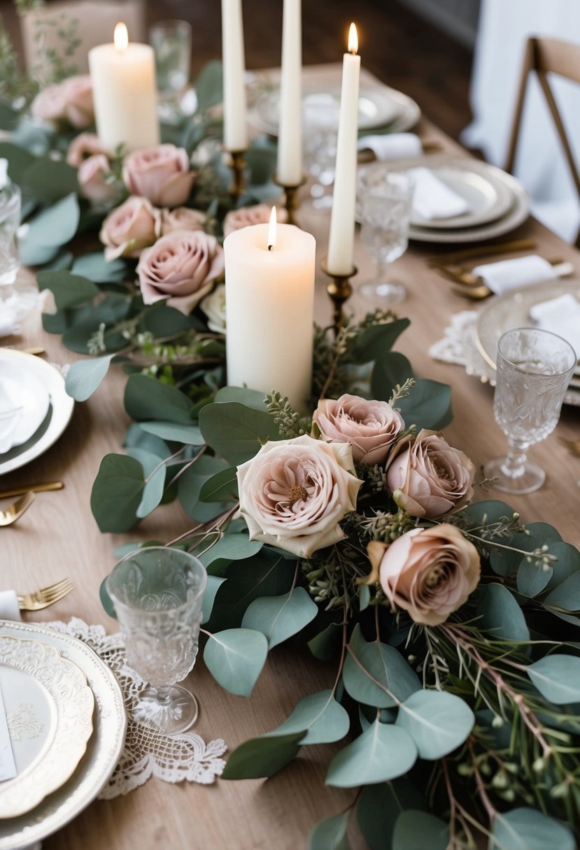 A table adorned with eucalyptus branches and dusty rose floral arrangements, accented with delicate lace and vintage candles