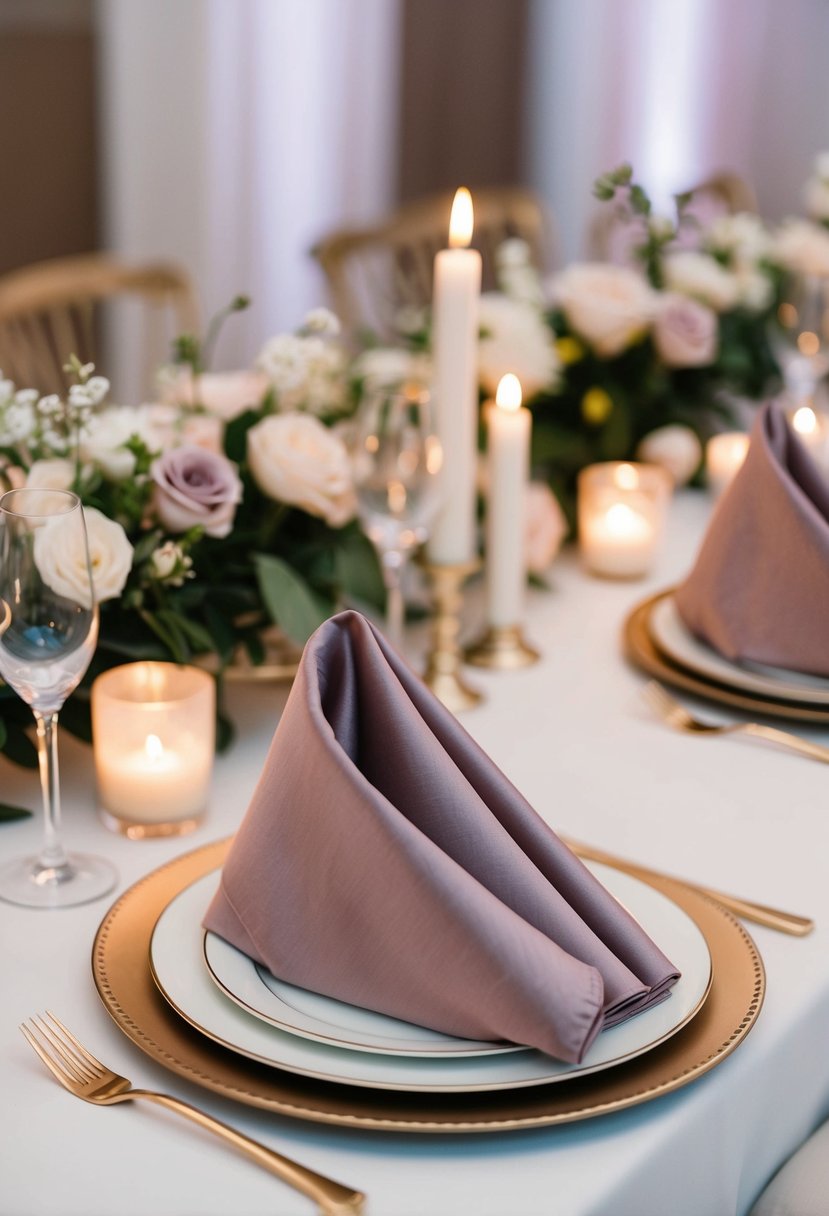 Dusty rose napkins arranged on a wedding reception table with delicate floral centerpieces and soft candlelight