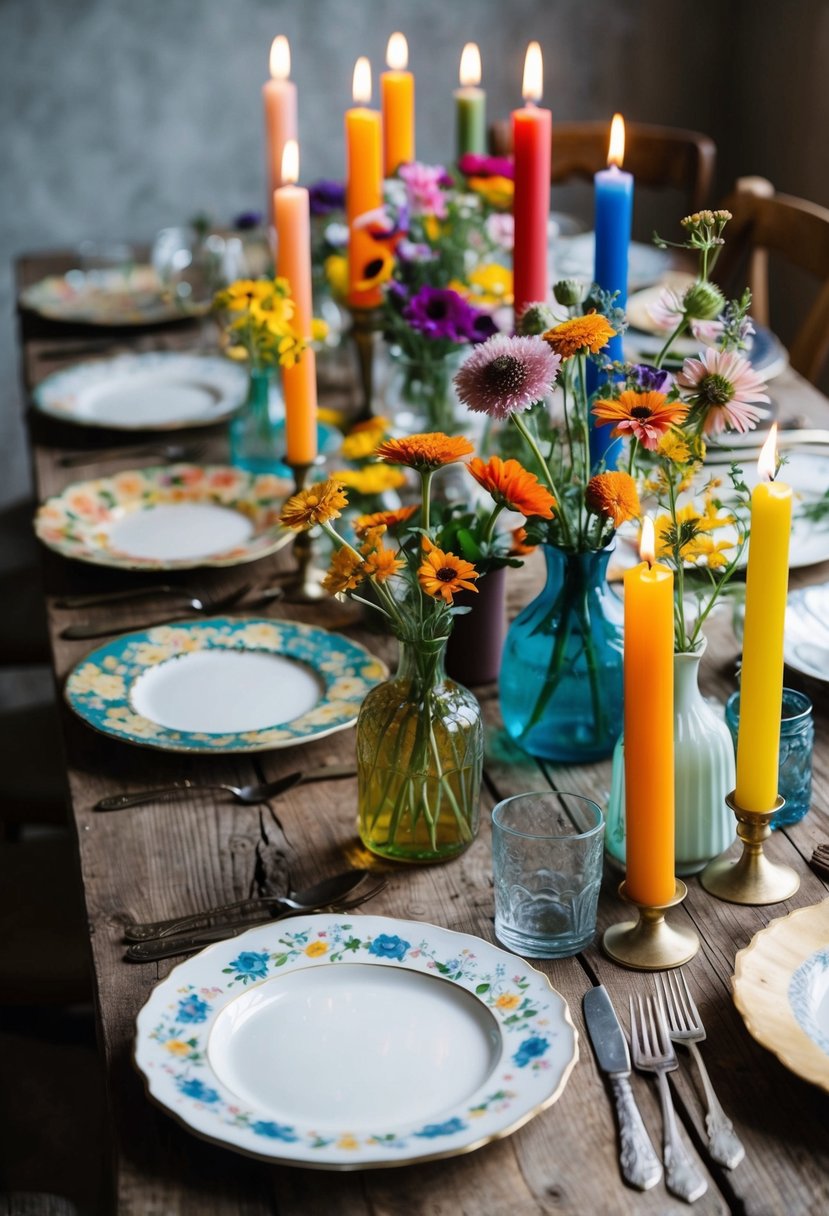 An array of mismatched vintage plates, wildflowers in assorted vases, and colorful taper candles adorn a rustic wooden table