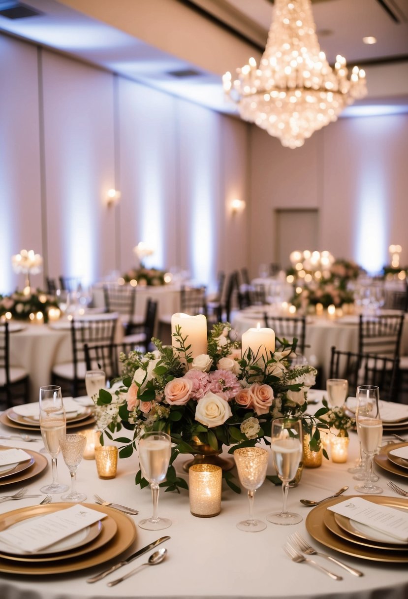 A beautifully adorned table with floral centerpieces, elegant place settings, and flickering candles for a sophisticated and romantic wedding reception