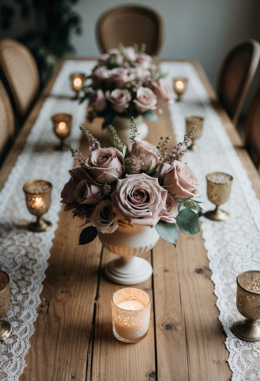 A rustic wooden table adorned with dusty rose floral arrangements, surrounded by delicate lace table runners and vintage candle holders