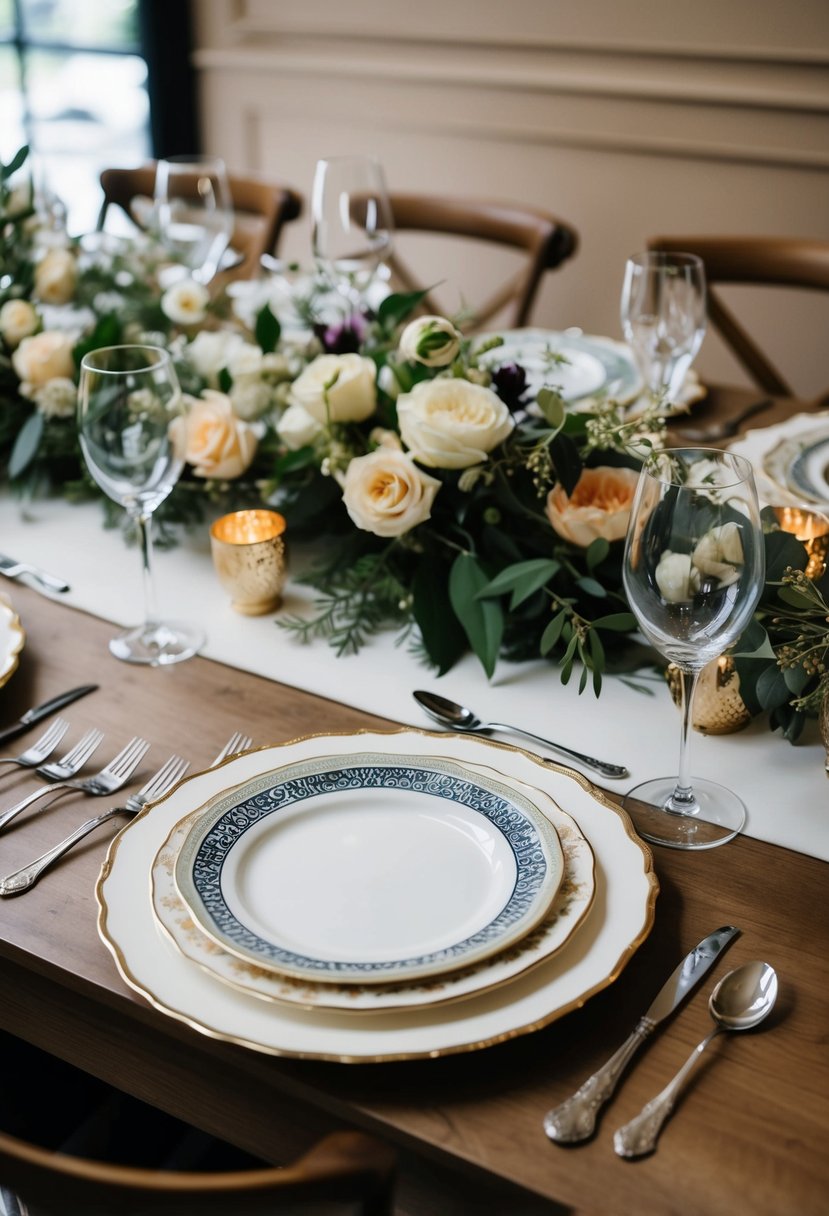 A table adorned with a mix of vintage and modern plates, creating an eclectic and stylish wedding table decoration