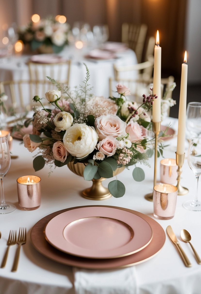 Dusty rose chargers arranged with delicate florals and candles on a wedding reception table