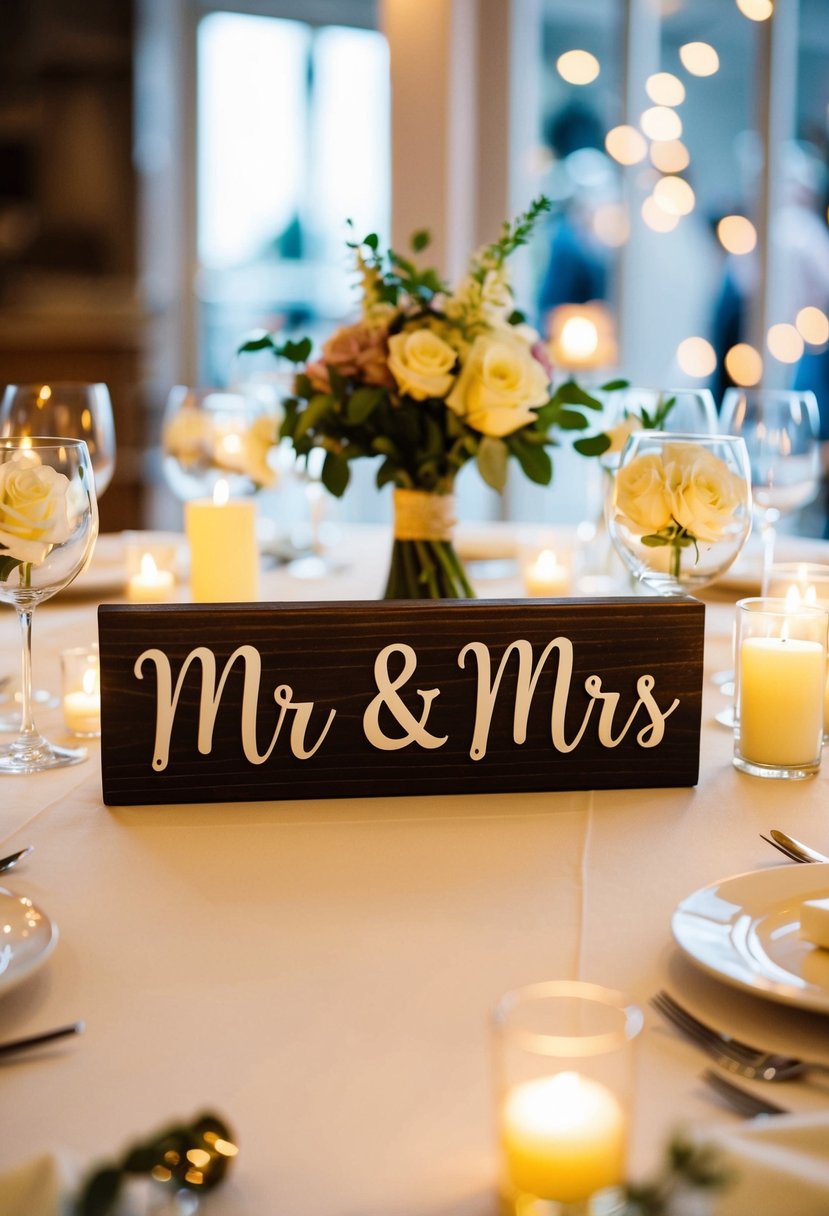 A wooden "Mr & Mrs" sign sits on a wedding table, surrounded by floral centerpieces and glowing candles