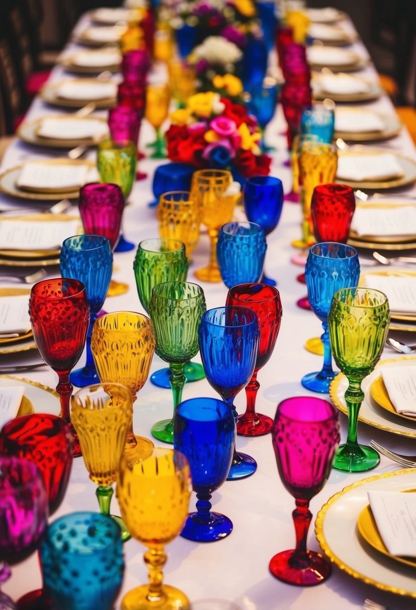 A vibrant array of colorful glassware adorns a wedding table, creating an eclectic and festive atmosphere