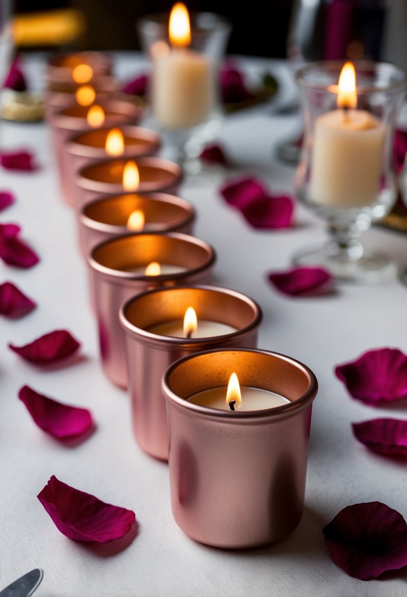 Metallic dusty rose votives arranged on a table with rose petals and candles for a romantic wedding setting