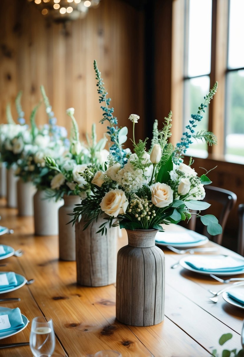 A wooden table adorned with elegant floral centerpieces in rustic vases for a wedding celebration