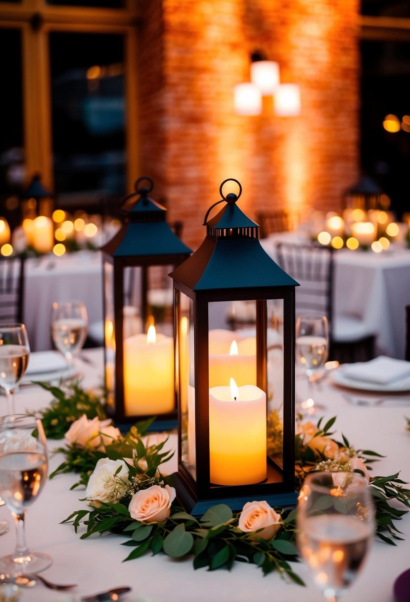 Elegant candle lanterns casting a warm glow on a beautifully set wedding table