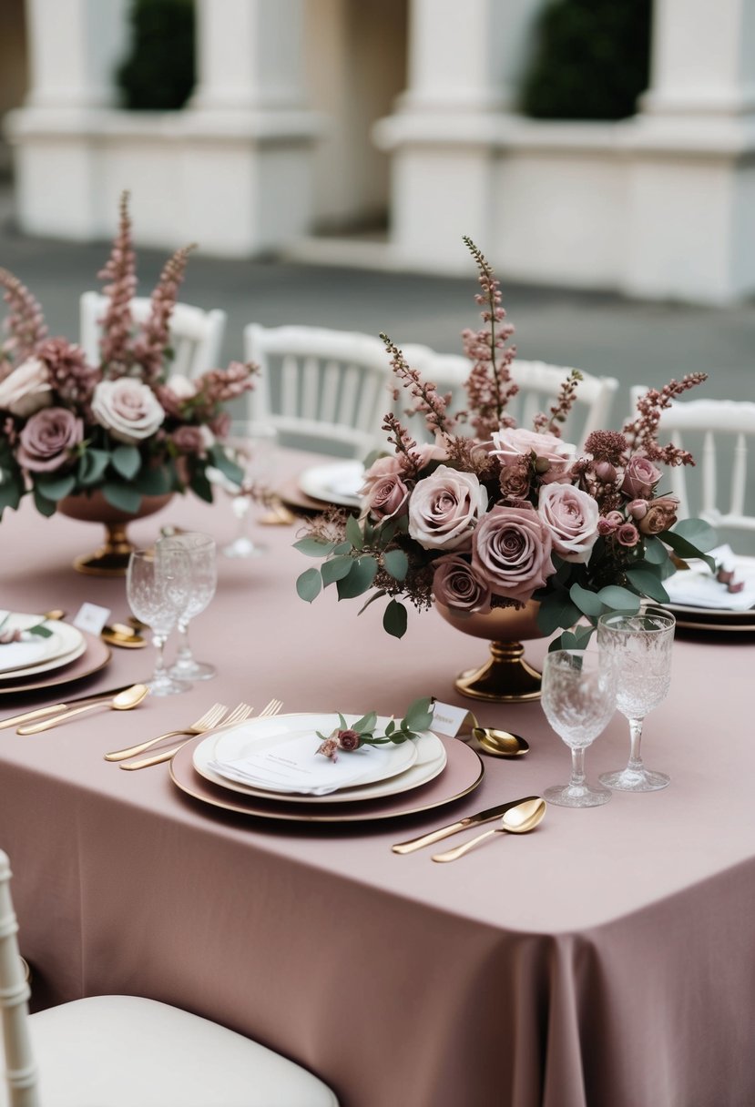 A dusty rose tablecloth adorned with mauve floral centerpieces and matching place settings