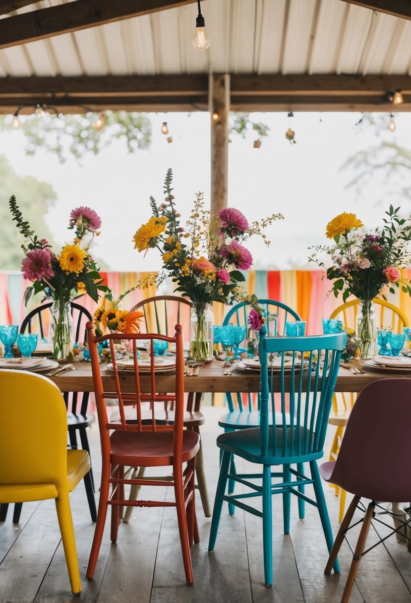 Mismatched chairs surround a bohemian wedding table, each chair unique in style and color. Bright flowers and vintage tableware complete the eclectic look