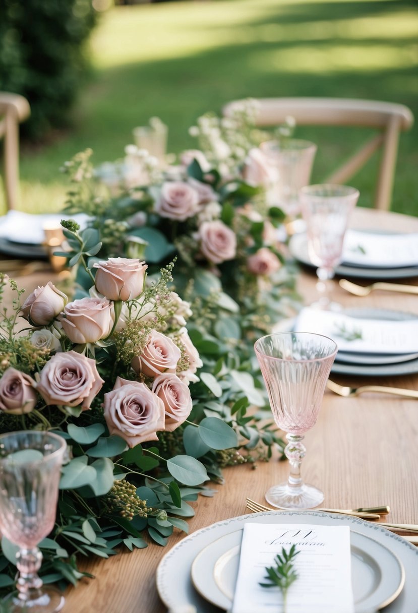 A table adorned with dusty rose flowers and greenery, set for a romantic wedding celebration