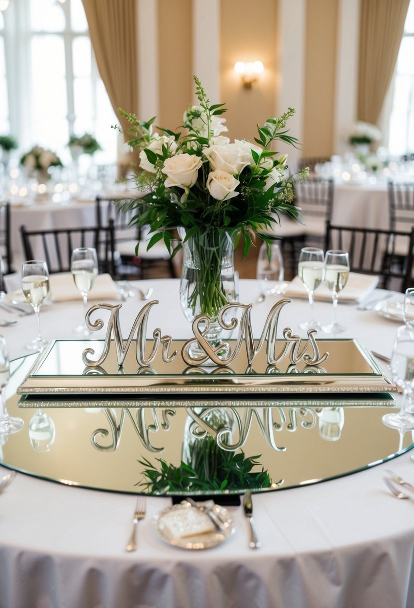 A silver mirror table displays elegant Mr and Mrs wedding table accents