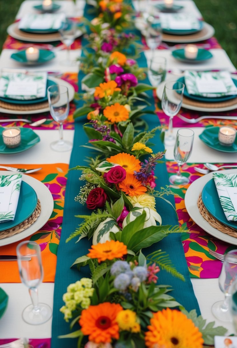 Botanical table runners weave through vibrant eclectic wedding table decor