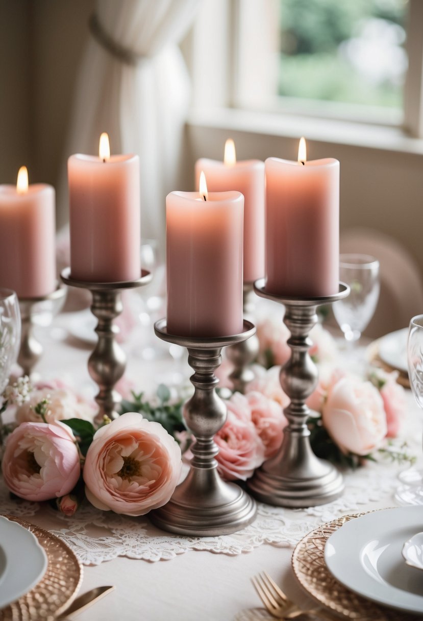 Dusty rose candleholders adorn a wedding table, surrounded by soft pink flowers and delicate lace