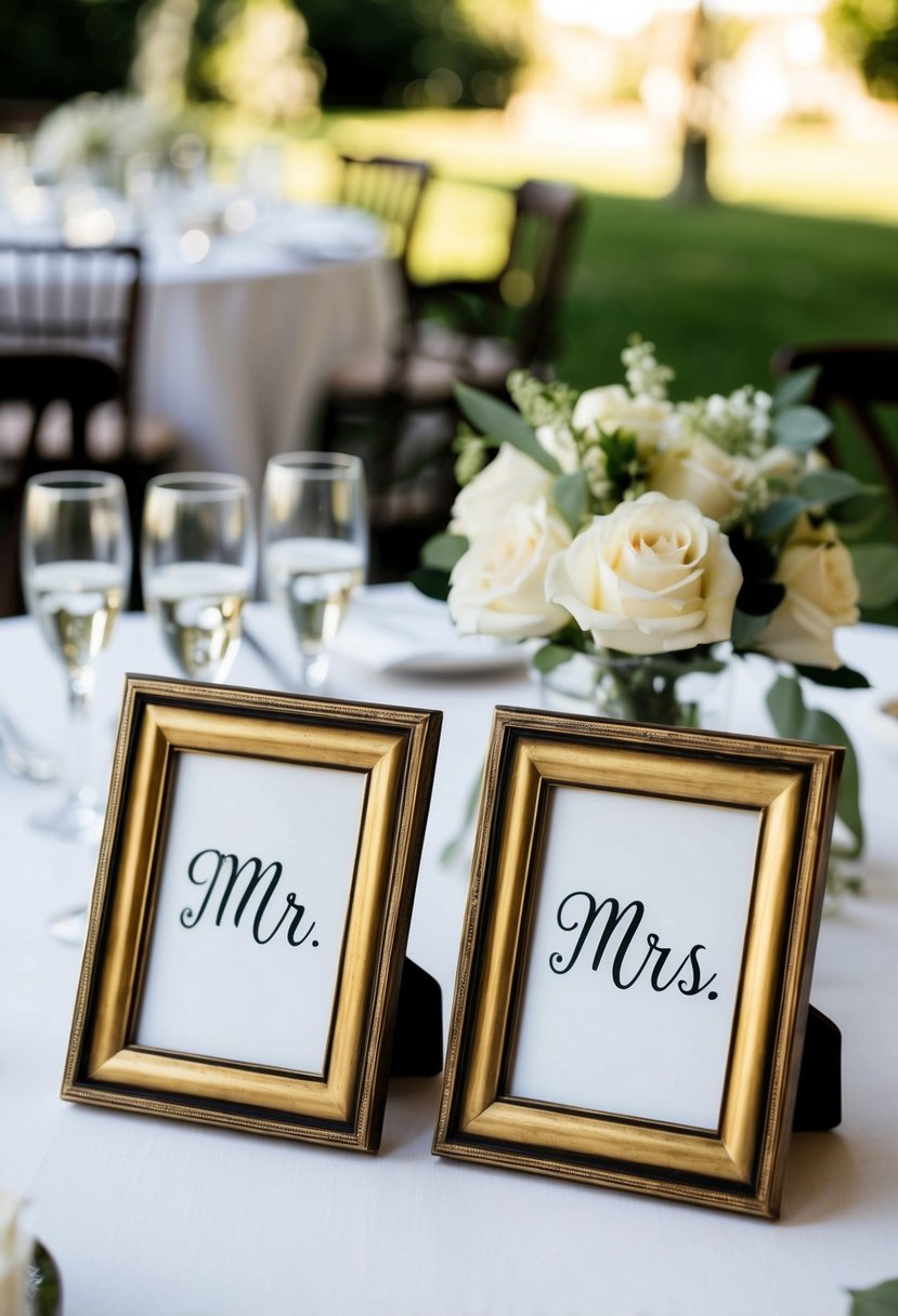 Two vintage-style photo frames with "Mr" and "Mrs" labels on a wedding table