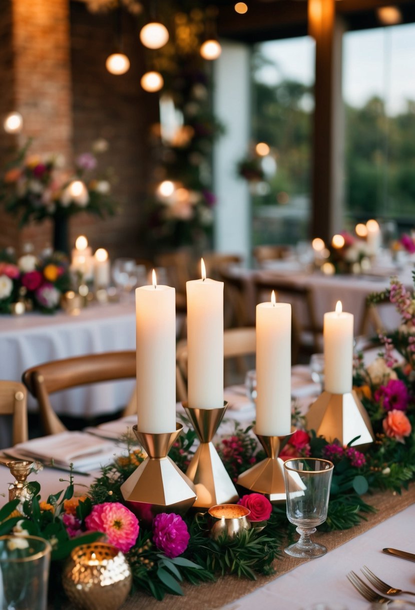 Geometric candle holders arranged on an eclectic wedding table with vibrant florals and mixed metallic accents