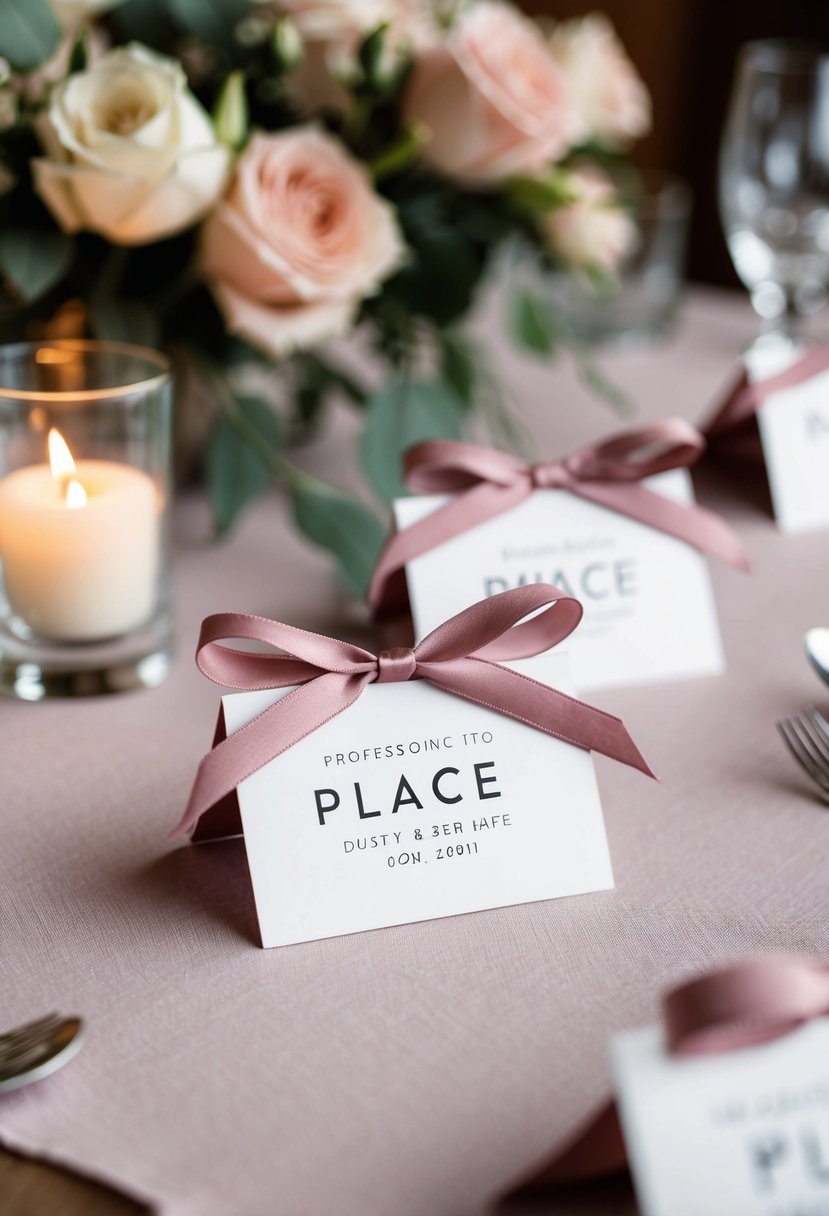 Dusty rose ribbons tied around place cards on a wedding table