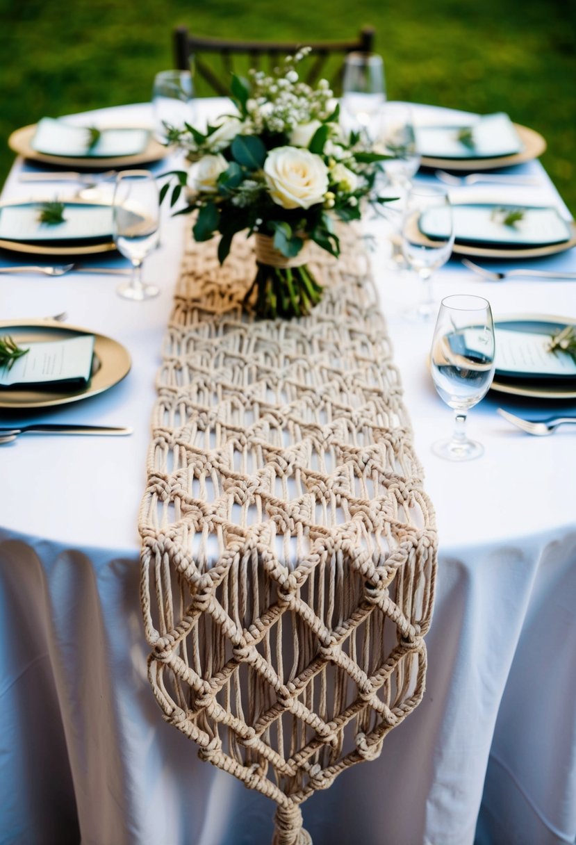 A beautifully crafted macramé table runner adorns the Mr. and Mrs. wedding table, adding an elegant and handmade touch to the decoration