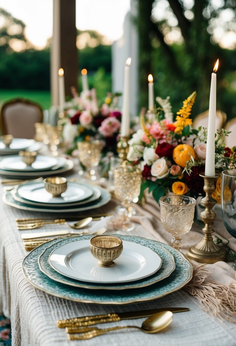 A table set with layered textured linens, adorned with an eclectic mix of floral centerpieces, vintage candle holders, and ornate dinnerware