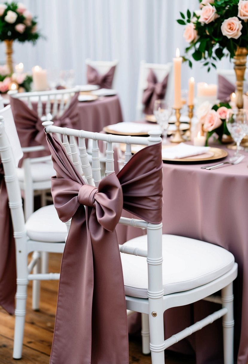 Dusty rose chair sashes tied in elegant bows on white chairs, matching table decorations with roses and candles