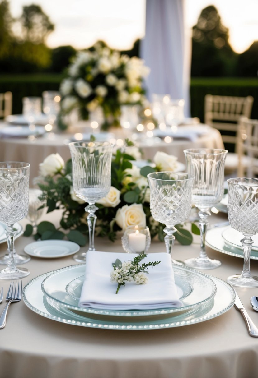 A table set with crystal glassware for a wedding, featuring elegant designs and matching sets for the bride and groom