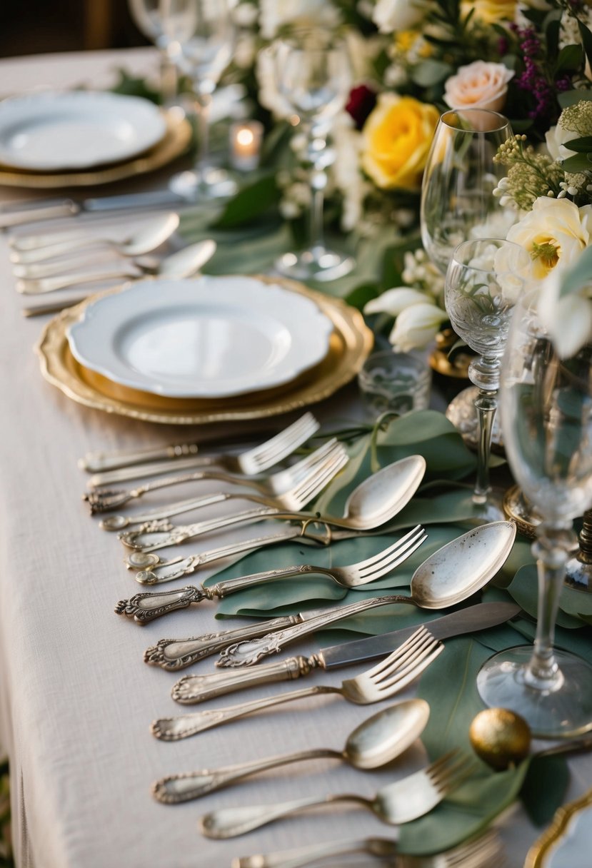 An array of antique flatware adorns a wedding table, mixed with eclectic elements for a charming and unique decoration