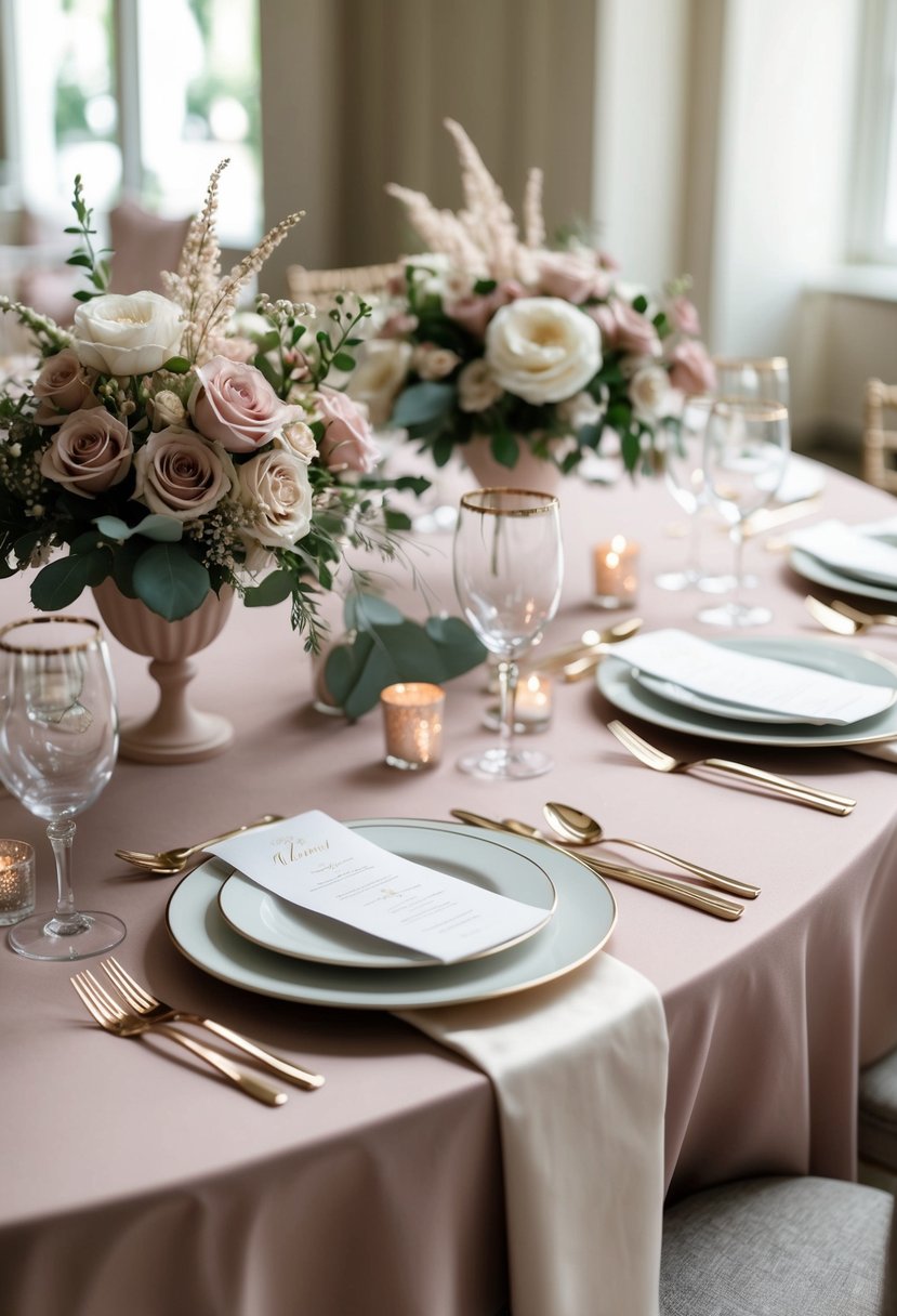 A table set with dusty rose and ivory linens, adorned with delicate floral centerpieces and elegant place settings