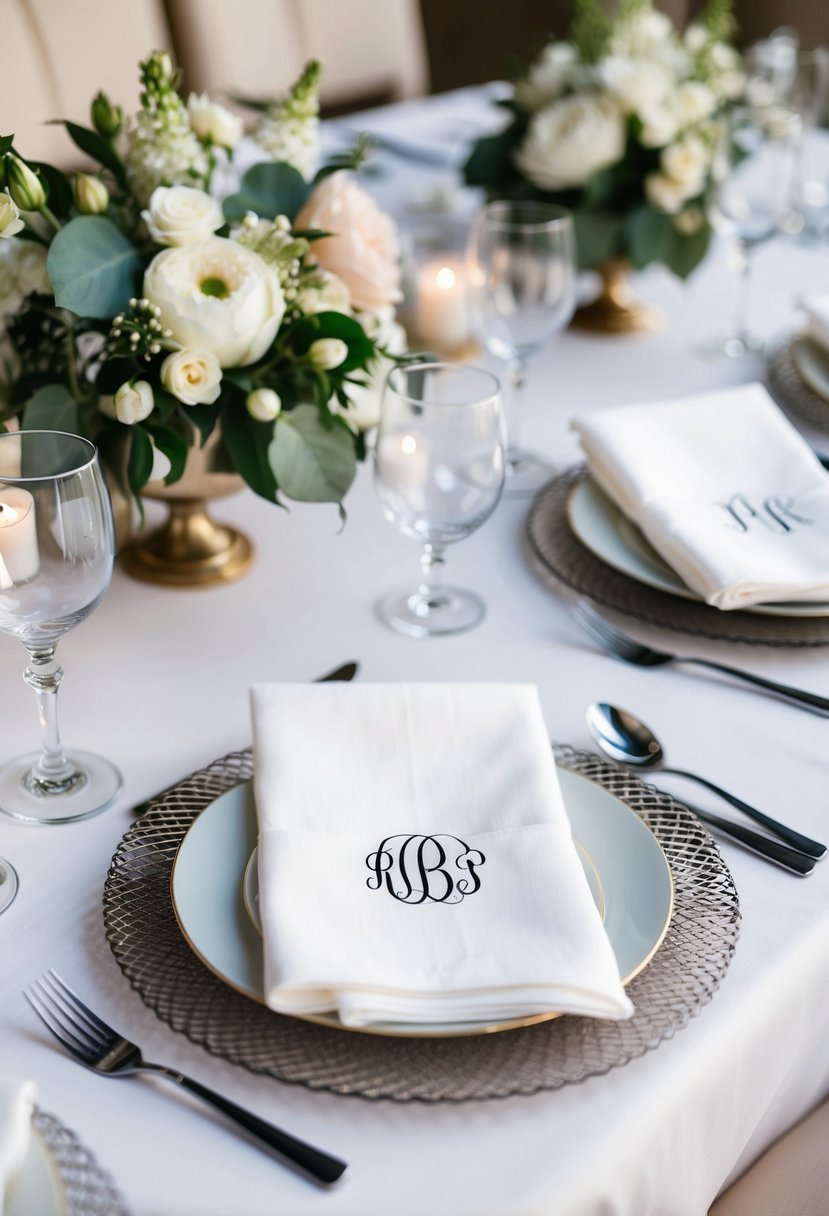 Monogrammed napkins arranged on a wedding table with elegant place settings and floral centerpieces