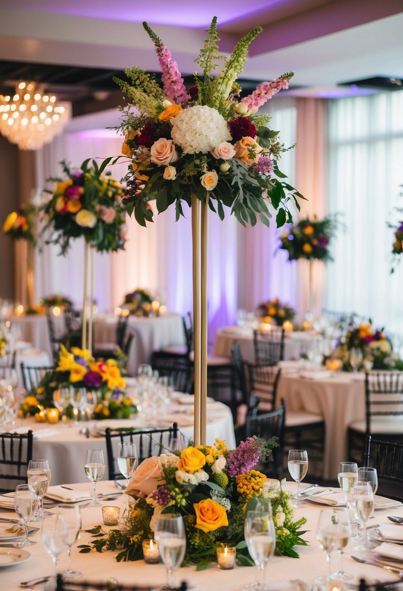 A mix of tall and short centerpieces adorn the tables, featuring a variety of flowers, greenery, and unique decor elements, creating an eclectic and vibrant wedding atmosphere