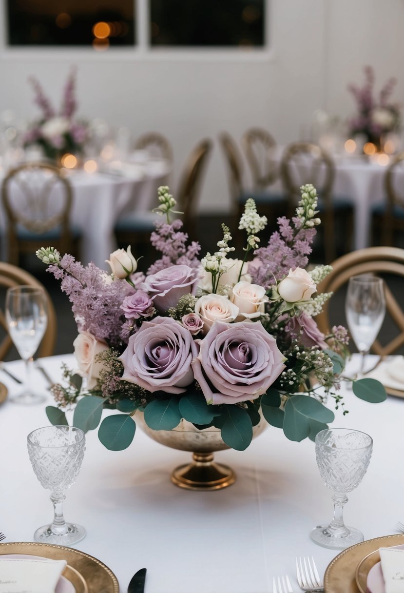 A dusty rose and lilac centerpiece sits on a wedding table, surrounded by delicate floral decorations