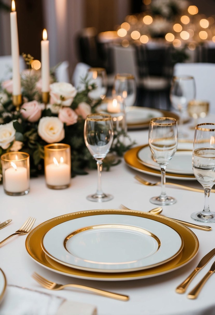 Golden rimmed dinner plates arranged elegantly on a wedding reception table, adorned with delicate floral centerpieces and soft candlelight