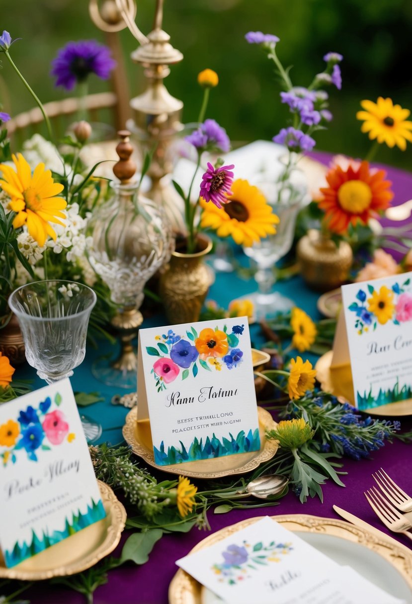 Colorful, hand-painted place cards arranged among vintage trinkets and wildflowers on a whimsical, eclectic wedding table