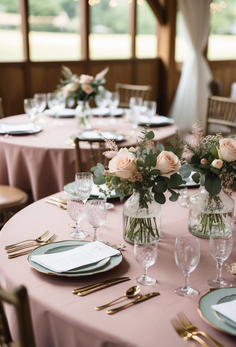 A table set with dusty rose patterned tablecloths and delicate wedding decorations