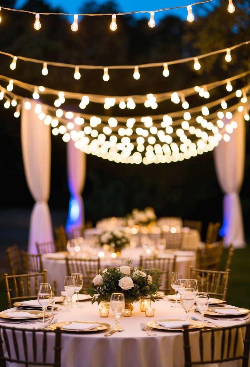 A table set for a wedding with LED light garlands draping elegantly across the surface, creating a warm and romantic atmosphere