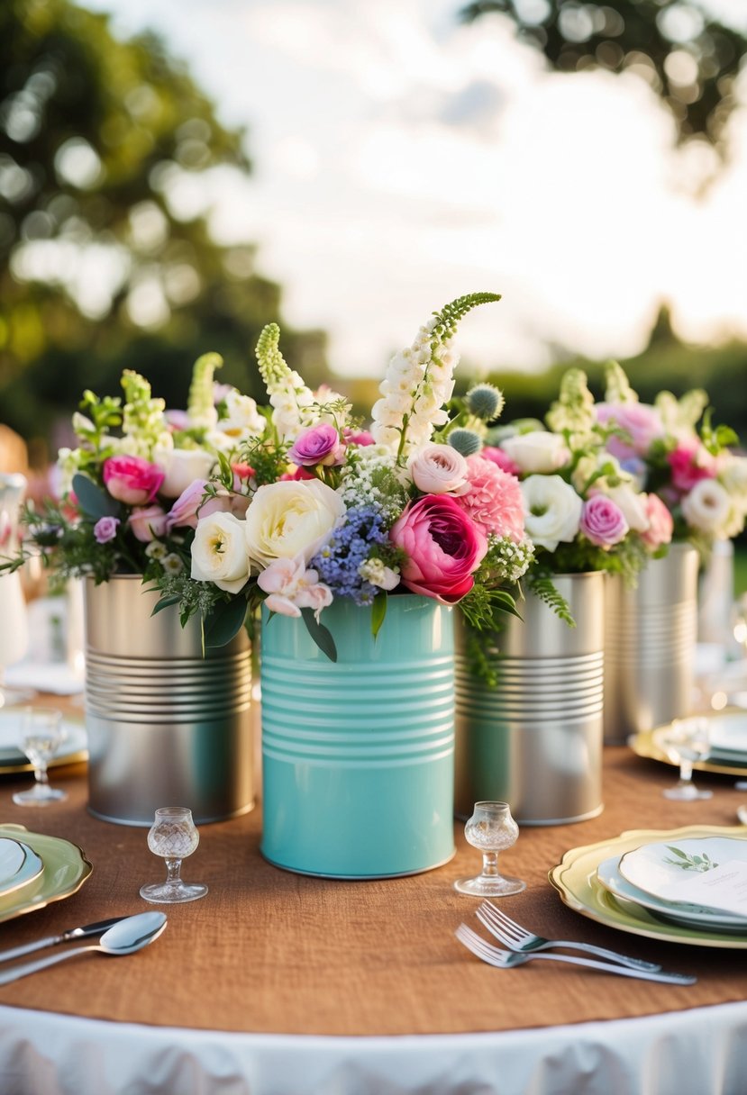 Floral arrangements fill vintage tea tins on a whimsical wedding table